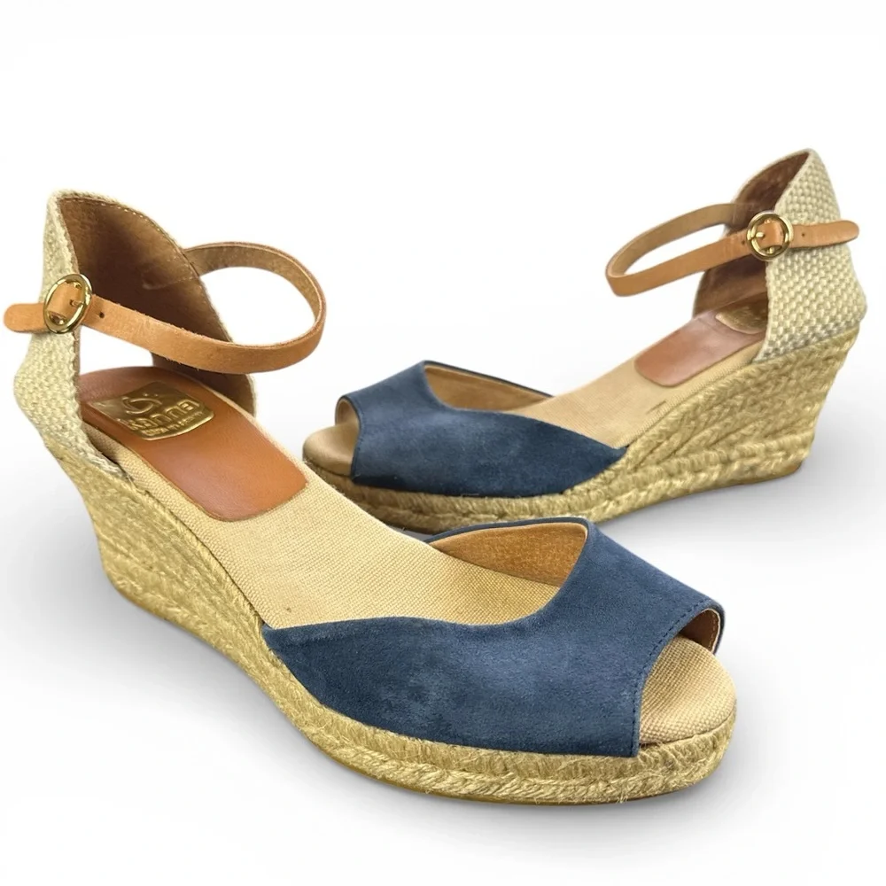 Kanna Women's Ankle Strap Wedge Espadrille 4207 Sandal Blue Suede Tan Sz 39 / 8